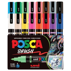 uni® POSCA PC-5BR Water-Based Paint Markers, Brush Tip (1.4-4mm), Assorted Colours, 16 Pack